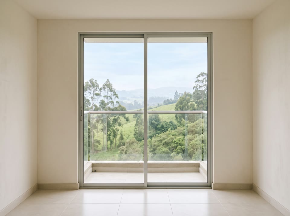 Una sala vacía con una puerta corrediza de vidrio hacia un balcón con vista a los cerros
