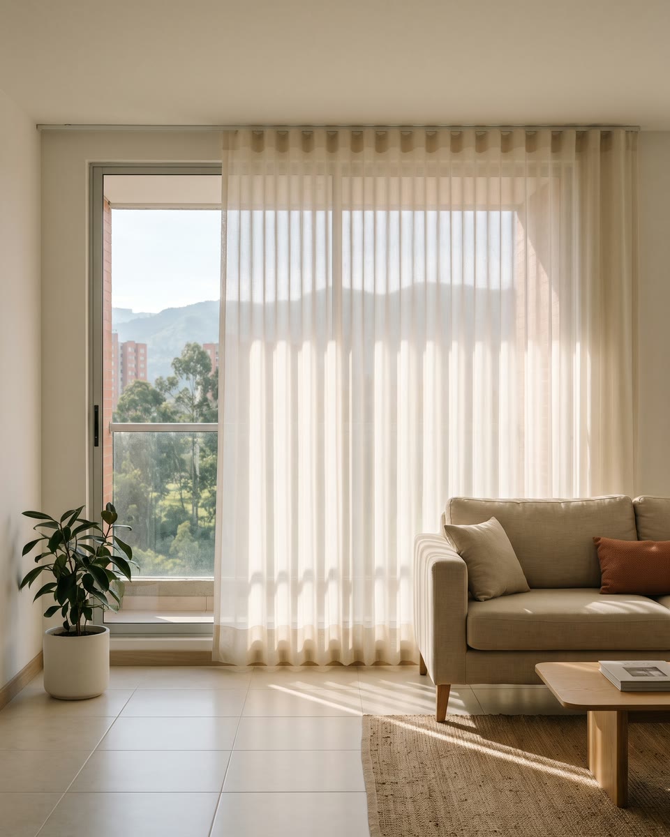 Sala con una cortina de velo en ondas parejas y la luz de la mañana