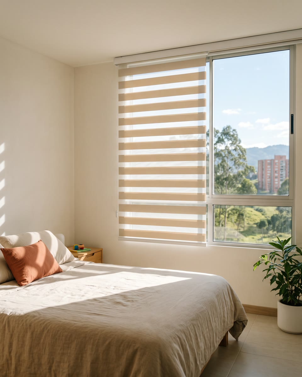 Alcoba con una cortina sheer 2 en 1 y franjas de luz sobre la cama