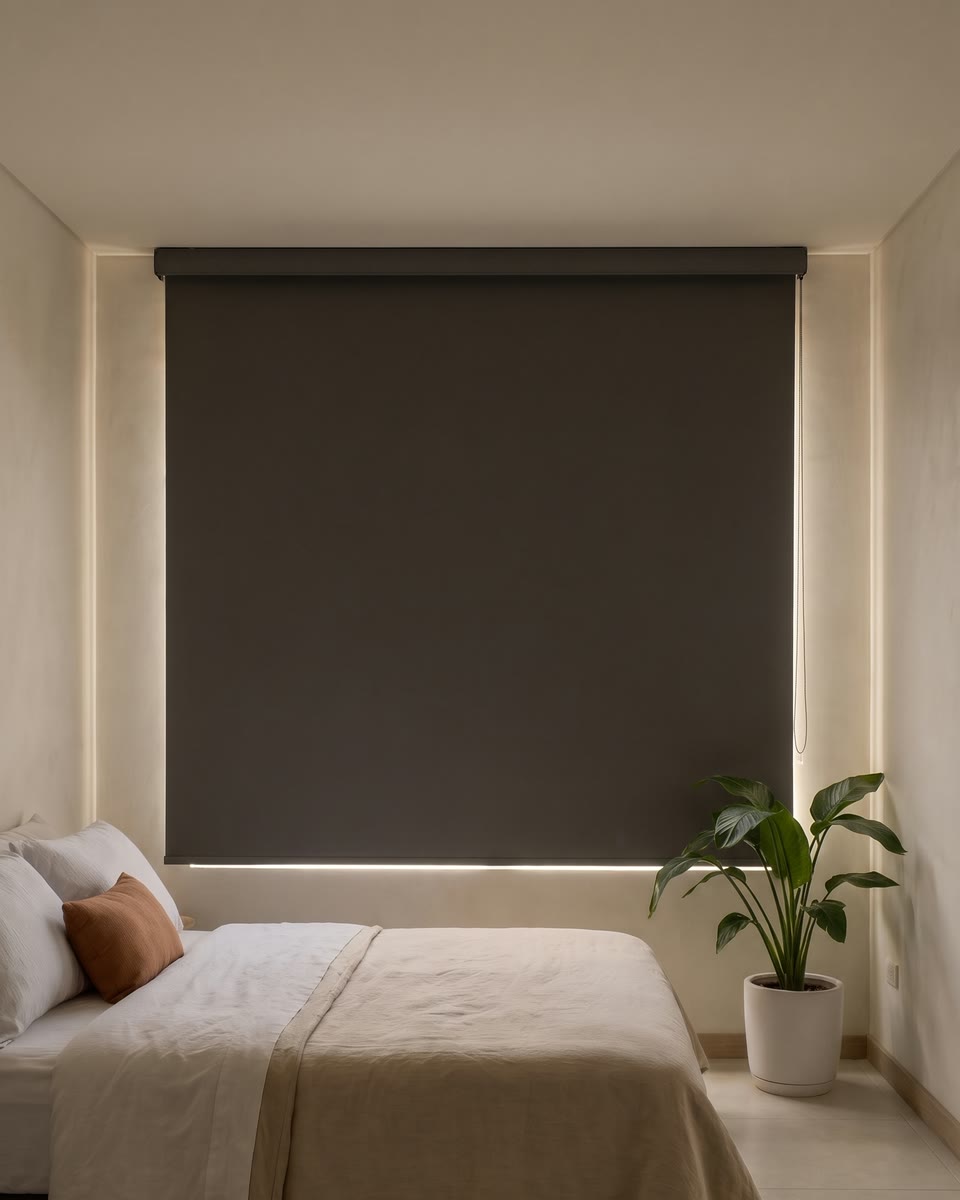 La misma ventana con la cortina black out abajo y la alcoba en penumbra