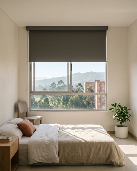 Alcoba con una cortina enrollable black out gris a media altura y luz de mañana sobre la cama