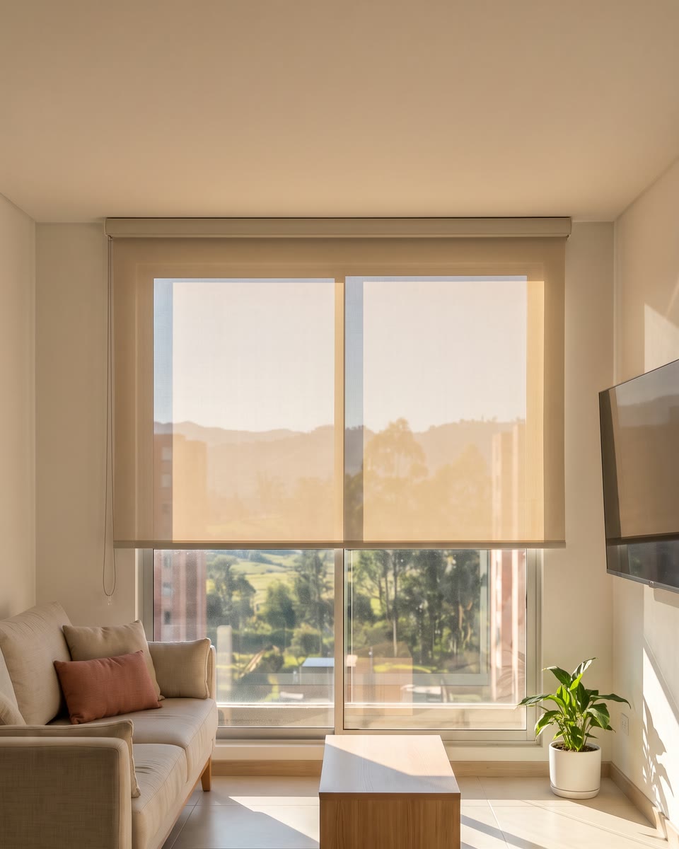 La misma ventana con la cortina screen abajo: la vista se ve suave y el reflejo desaparece