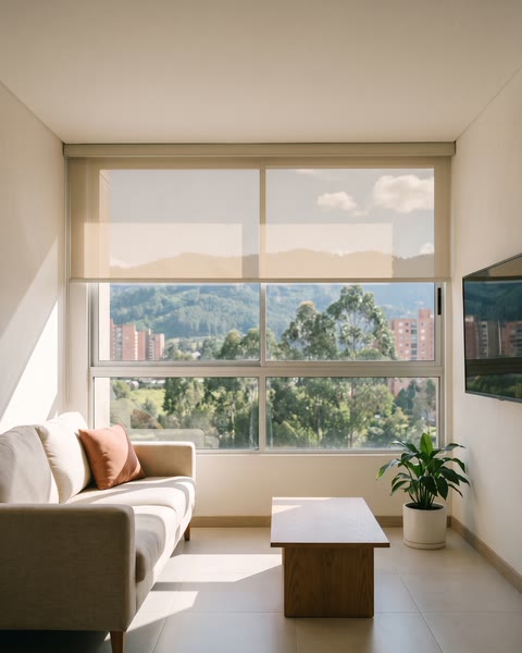 Sala con una cortina enrollable screen que deja ver los cerros sin reflejo
