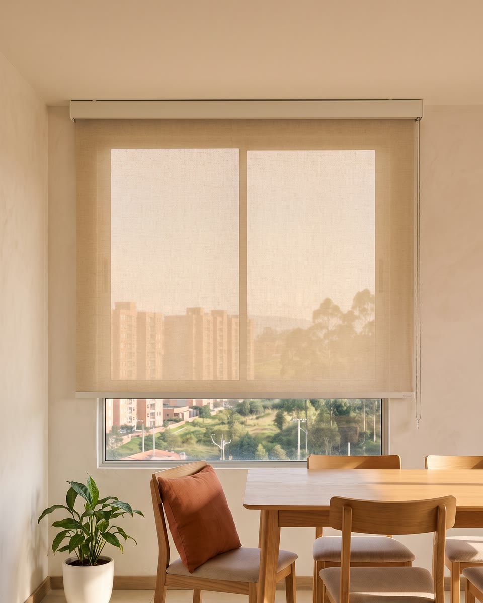 La misma ventana con la cortina abajo: la tela de lino brilla con la luz