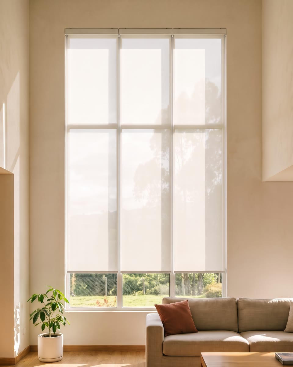 El mismo ventanal con las tres cortinas abajo, parejas