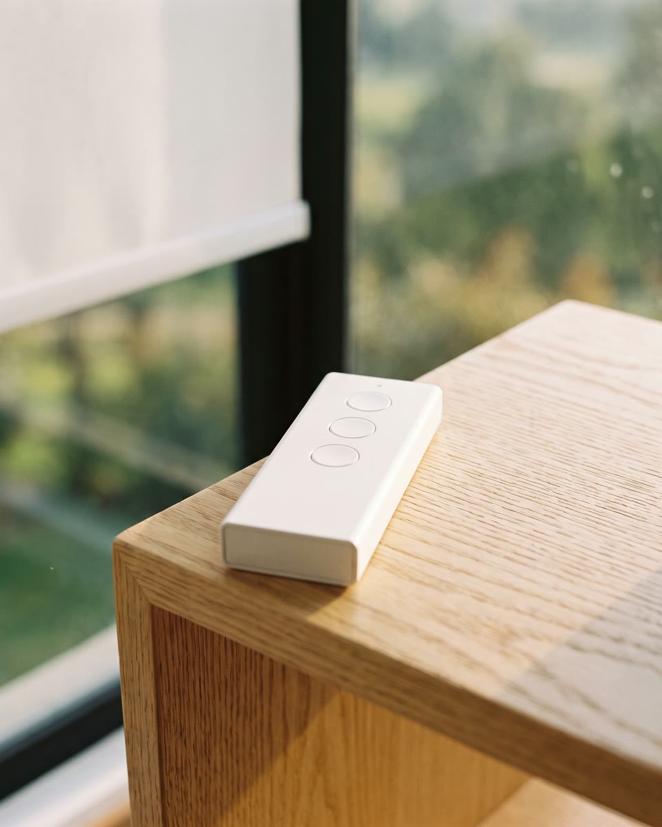 Detalle del control remoto blanco sobre una mesa