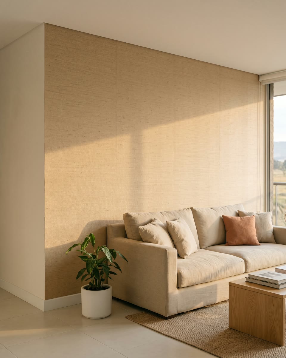 Sala con una pared de papel de colgadura con textura detrás del sofá