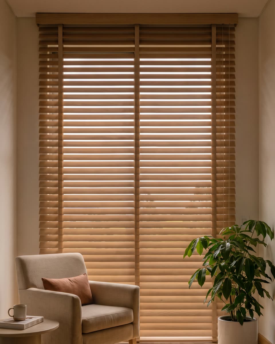 La misma ventana con las lamas de madera cerradas