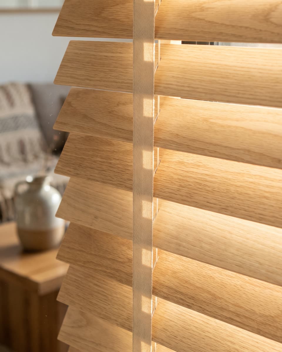 Detalle de las lamas de madera y la cinta de algodón