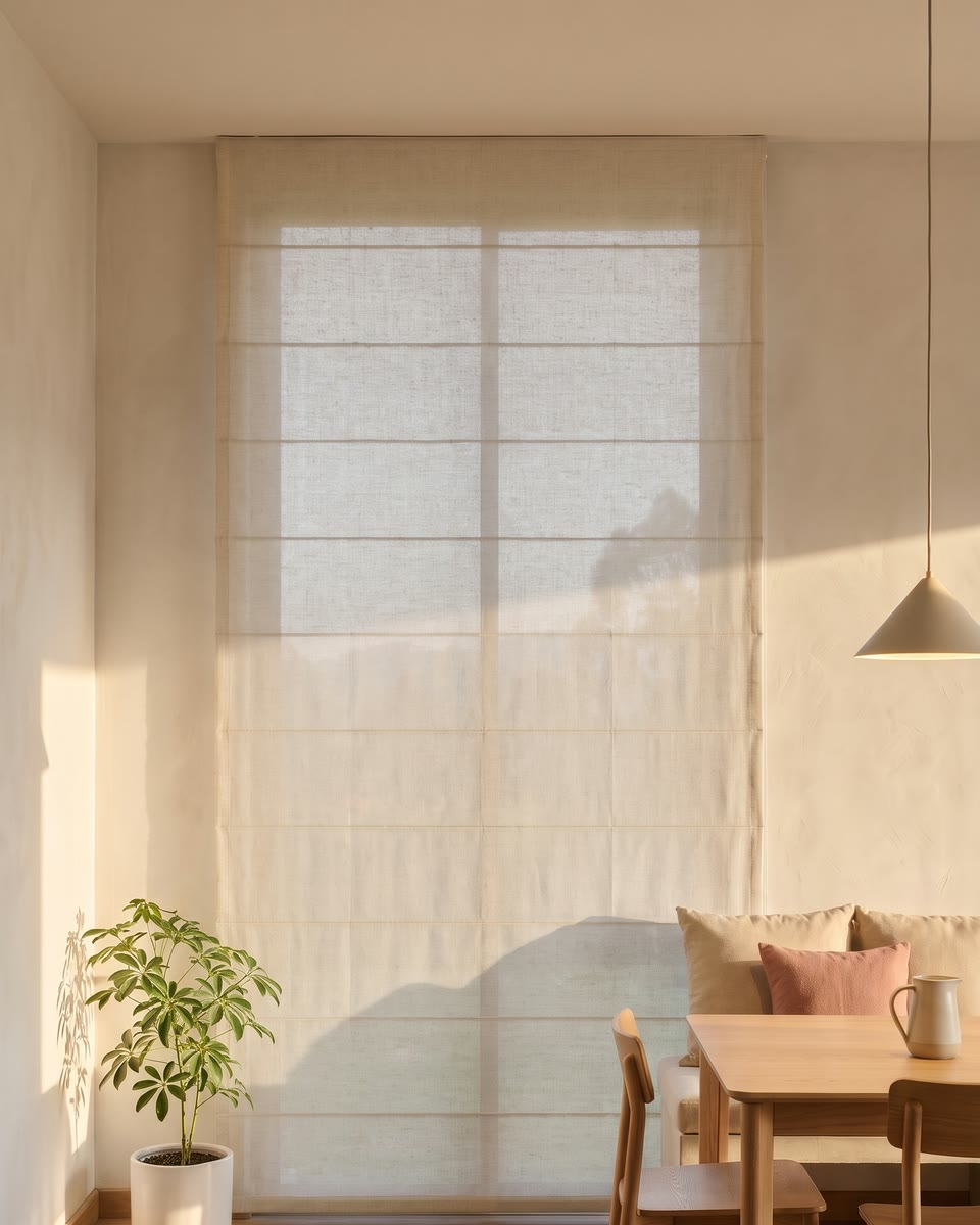 La misma ventana con la cortina romana abajo y luz suave