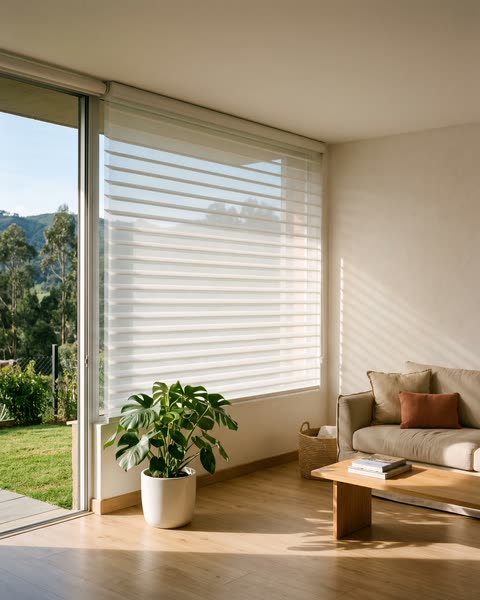 Sala con una cortina sheer horizontal: lamas de tela entre dos velos y los cerros detrás