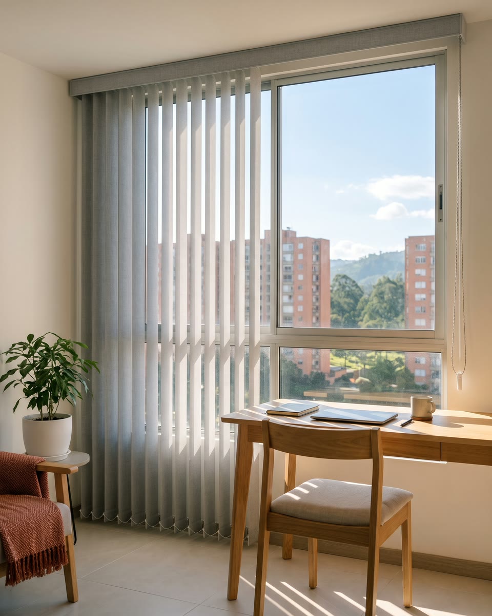 Estudio con una persiana vertical gris y franjas de luz sobre el escritorio