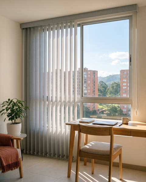 Estudio con una persiana vertical gris y franjas de luz sobre el escritorio