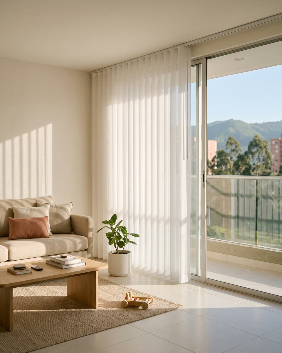 Sala con una cortina sheer vertical sobre la puerta del balcón