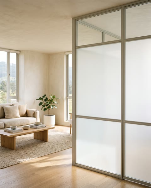 Sala con una división de vidrio inteligente apagada, blanca y luminosa